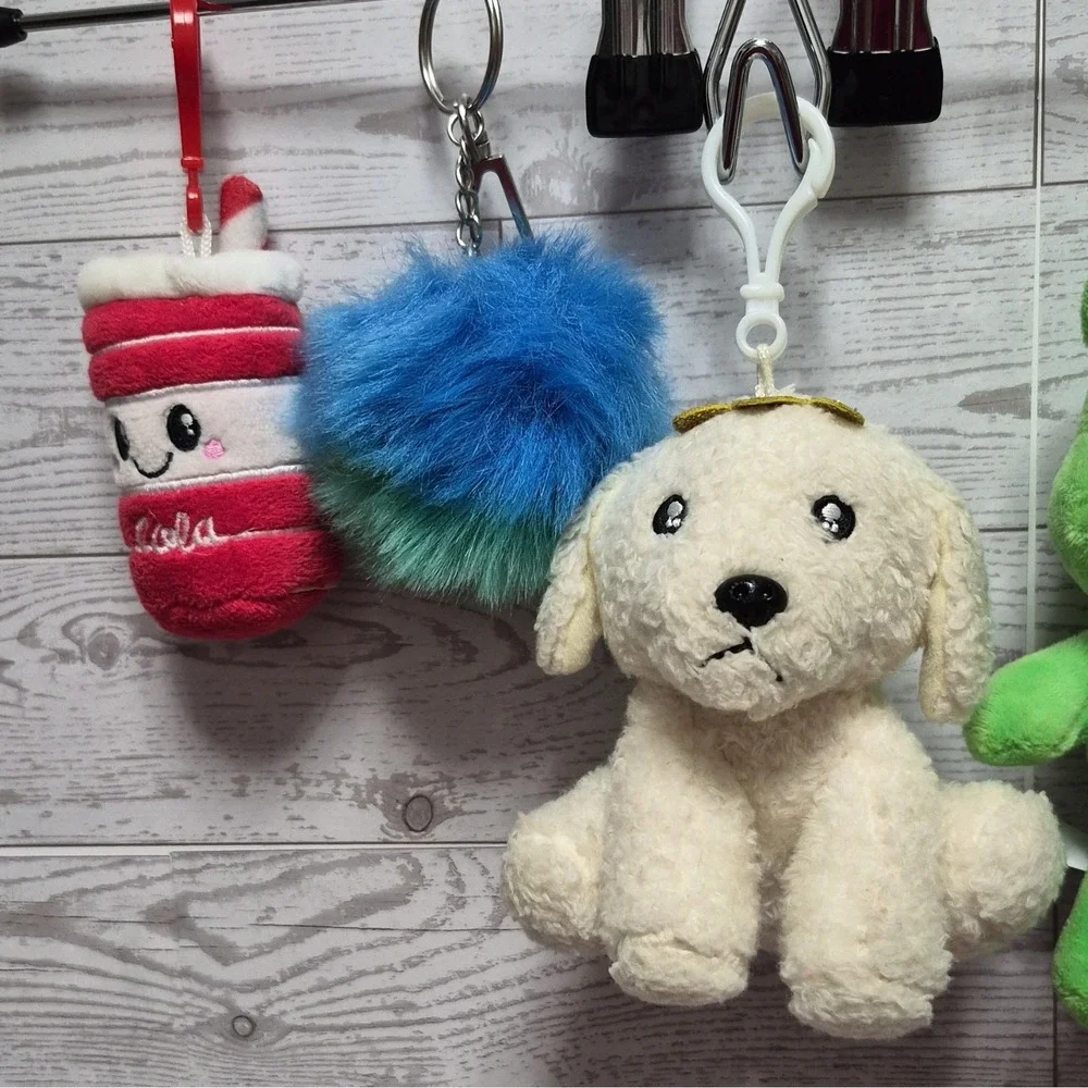 Lot of 5 Plush stuffed Keychains Lucky Care Bear, Dog, Ghost Cola Cup Pom-Pom